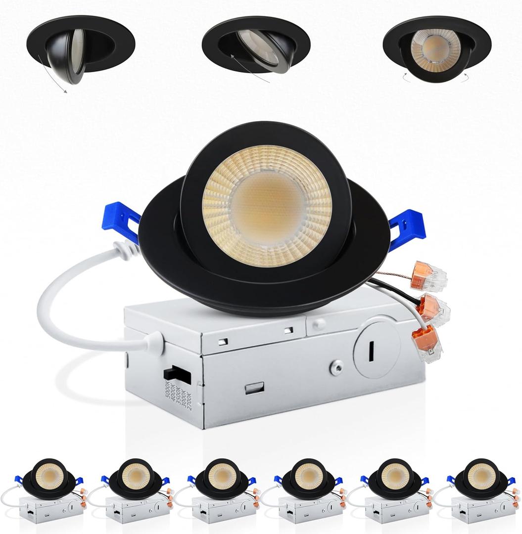 Adetu 3 Inch 5CCT Gimbal Black Led Recessed Lighting with Junction Box, 2700K/3000K/3500K/4000K/5000K, 7W Eqv 80W, 360+90 Adjustable Led Recessed Lights, 798LM Brightness - ETL (Black, 6 Pack)