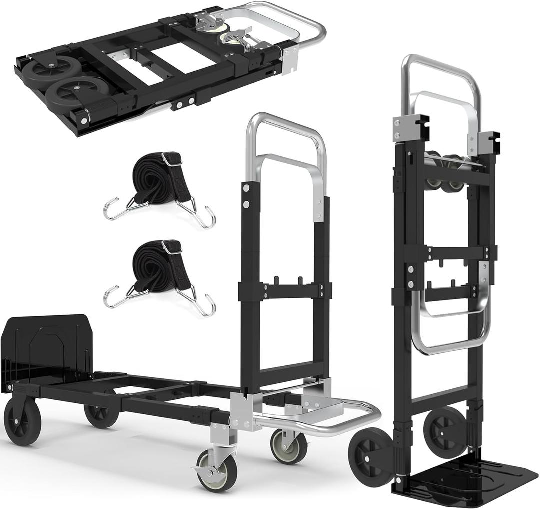 3 in 1 Heavy Duty Folding Hand Truck, Convertible Portable Steel Dolly with Telescopic Handle, Foldable Utility Cart with Rubber Wheels, 500 LBS (Black)
