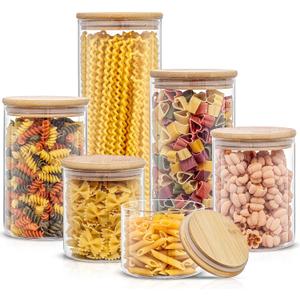 JoyJolt Borosilicate Glass Jars With Bamboo Lids. 6 Pc Set of Air Tight Sealable Containers. Food Jar Canisters with Airtight Lid for Pantry Storage and Kitchen Organization.
