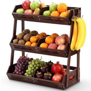 3 Tier Fruit Basket for Kitchen Counter Fruit Storage Large Wood Vegetables Basket with Banana Hooks Bowl Stand Holder Snack Organizer Countertop Onion Bread Pantry (Dark Brown)