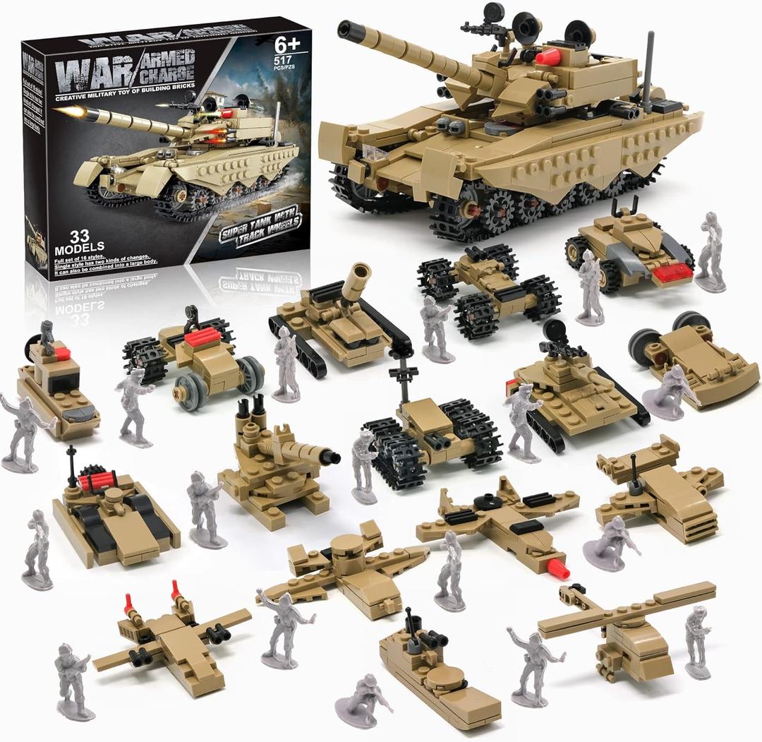 Army Tank Toy Building Blocks Set Compatible with Lego, Create a Armored Tank or 16 Small Military Models, with Toy Soldiers, Great Army Men Toys Gifts for Boys Kids and Teens Age 6+ Year Old (517PCS)