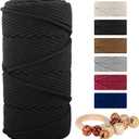 Natural Macrame Cord Cotton Rope with Wooden Beads & Rings, 6mm x109 Yards 4 Strand Twisted, Munzong Handmade Macrame Rope for Wall Hanging, DIY Craft, Knitting Plant Hanger(100m, Black)
