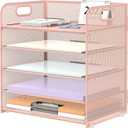 Supeasy 5 Trays Paper Organizer Letter Tray with Handle-Mesh Desk File Organizer, Paper Sorter Desk Organizer for Office, Home or School (Pink)