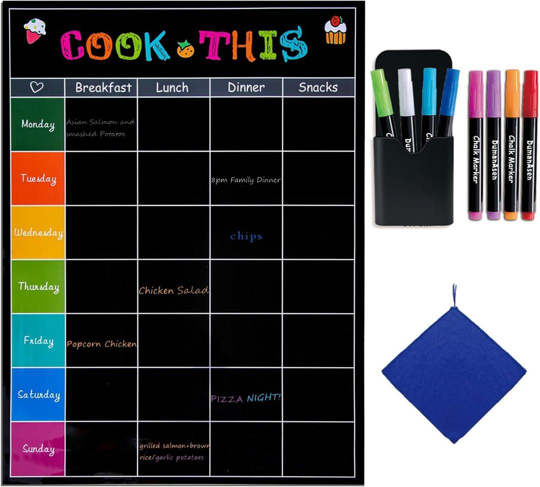 Magnetic White Board, LiebHome Magnetic Frige White Board, Dry Erase Weekly Menu Planner/Family Calendar 16" x 12" with Grocery List and Notes (Black Cook This)