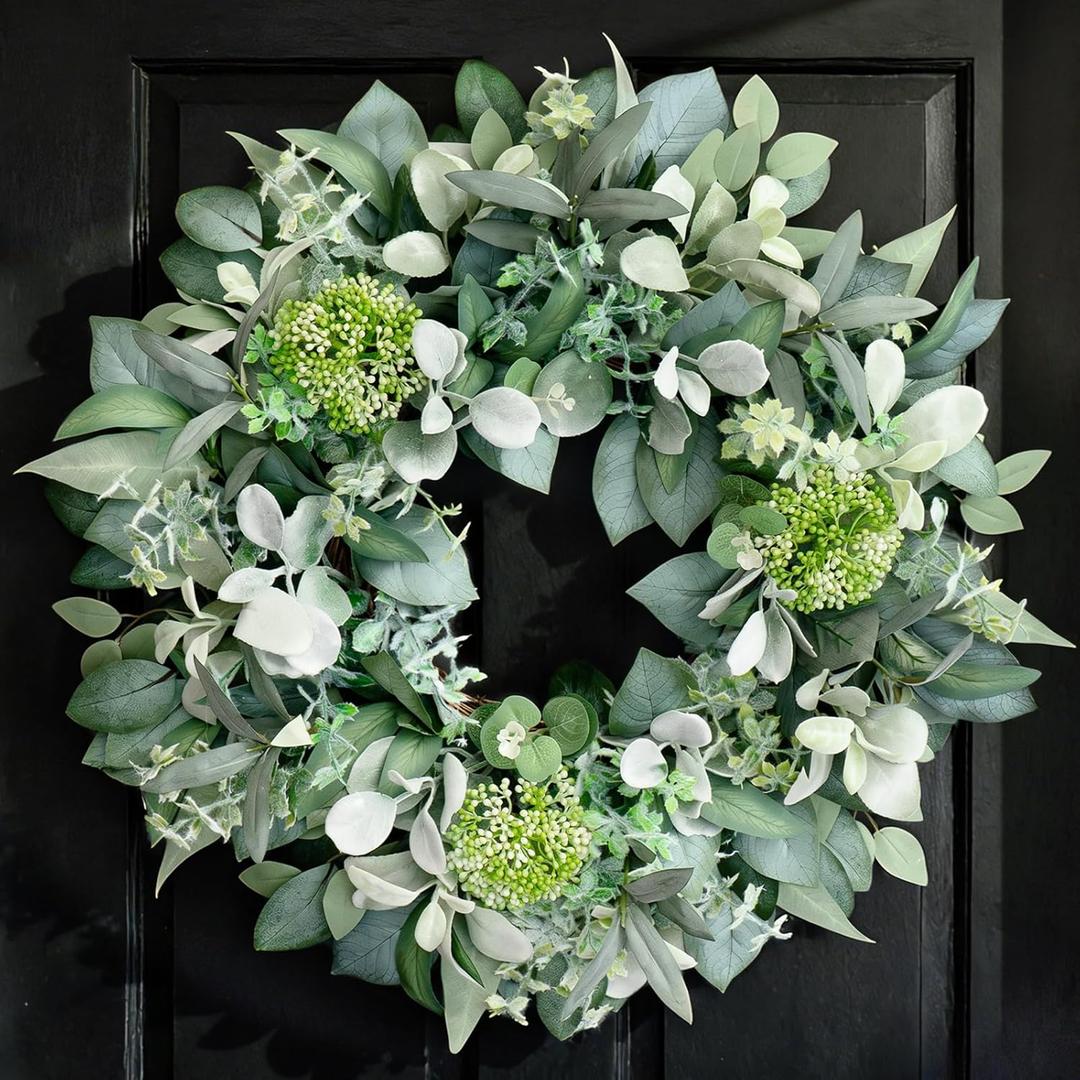 24 Inch Winter Wreath for Front Door, Out Door Eucalyptus Greenery Wreath with Berries, Outdoor Green Eucalyptus Decor for Farmhouse Home
