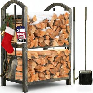 AMAGABELI GARDEN & HOME Firewood Rack Indoor with Tools 5-Piece Fireplace Tools Set Wood Holder Outdoor Wrought Iron Log Holder Firewood Storage Rack for Christmas Fireplace,Fire Pit,Wood Stove Bronze