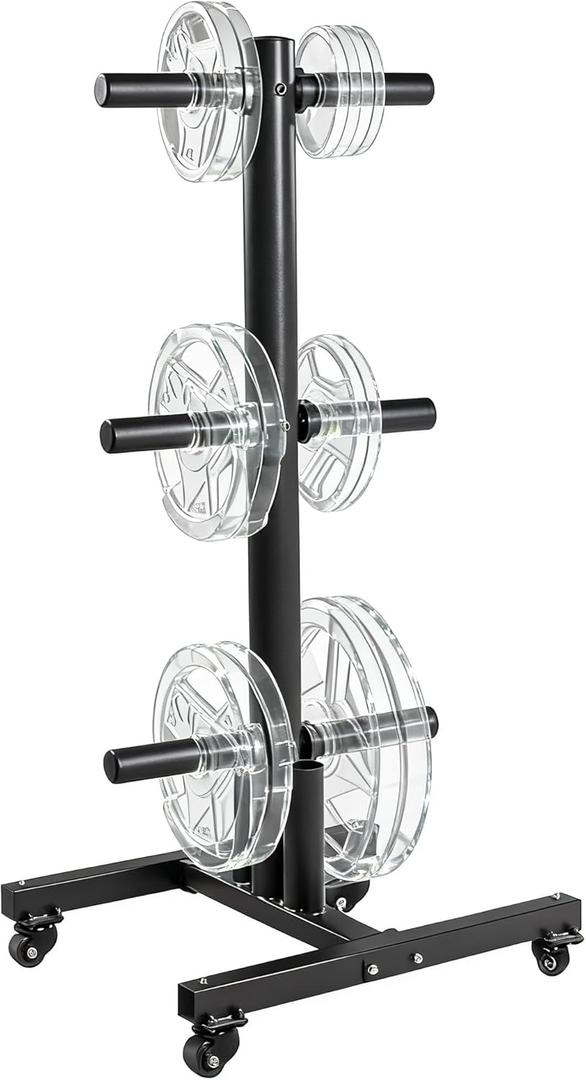 Fitvids Weight Plate Tree - Heavy Duty 6-Peg Storage Rack Holder for Weight Plates & Barbells, Gym Equipment Organizer (Square w/ Wheels - Black)