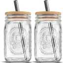 MEM WORLDSHOP Reusable Glass Cups With Lids and Straws - (2 Pack) - Wide Mouth 32 oz Mason Drinking Jars with Reusable Bamboo Lids & Stainless Steel Straws for Iced Coffee, Smoothie, Milkshake, Tea