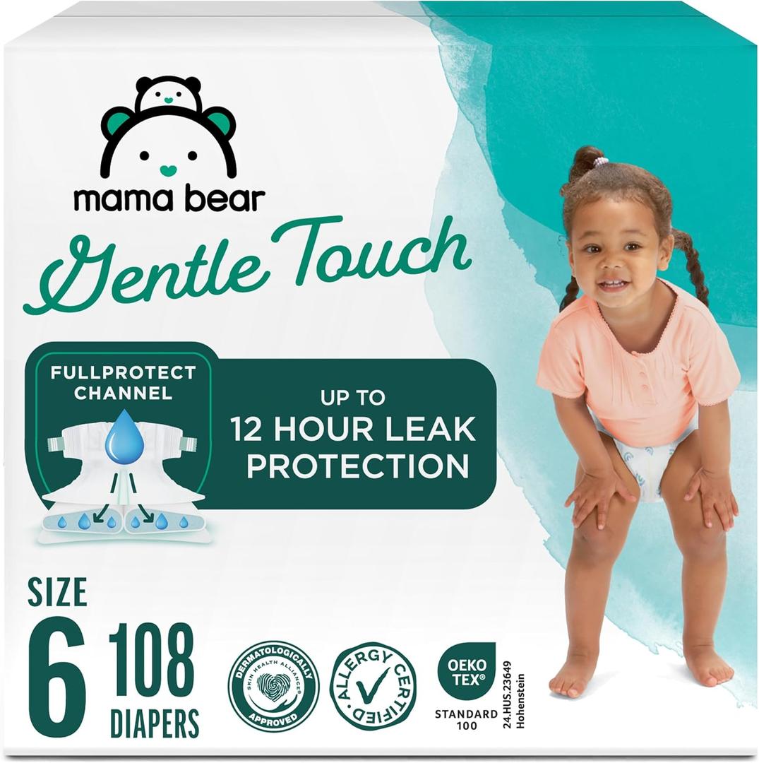 Amazon Brand - Mama Bear Gentle Touch Baby Diapers, Size 6, 108 Count (4 Packs of 27), Hypoallergenic, Wetness Indicator
