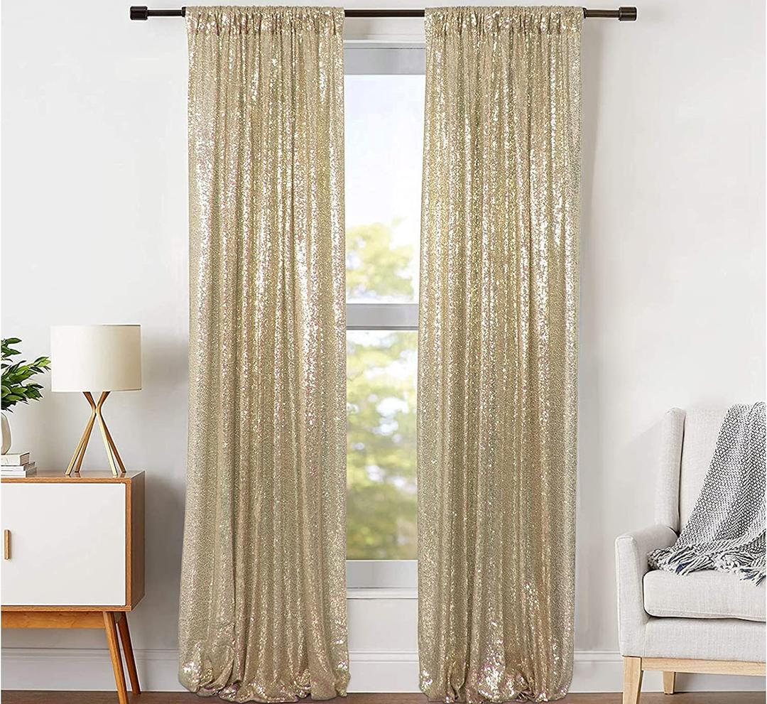 JYFLZQ Champagne Sequin Backdrop Curtains 2ft x 8ft 2 Panel Glitter Photo Booth Backdrops Sparkly Photography Background Drapes for Parties Wedding Bridal Showers