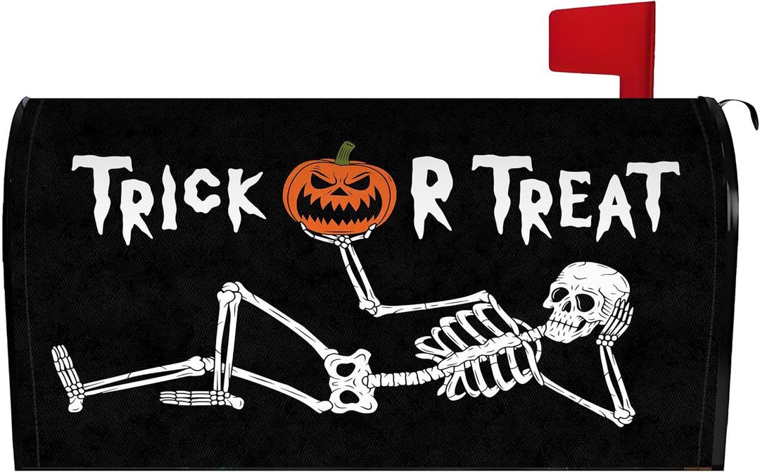 Halloween Skull Mailbox Cover 21x18 Inch, Trick Or Treat Post Letter Box Covers, Halloween Spooky Magnetic Waterproof Mail Wraps for Outdoor Yard Garden Standard Mailbox Decor