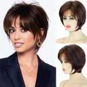 XIUFAXIRUSI XIUFAXIRUSI Brown Layered Pixie Bob Wigs for White Women Blonde Mix Brown Short Straight Wig with Cute Bangs Natural Looking Synthetic Fluffy Wig