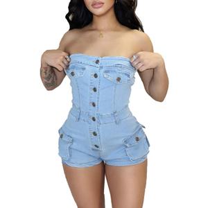 Quzzion Women's Summer Denim Jumpsuit Sexy Sleeveless Jean Short Rompers with Pockets, M, Blue