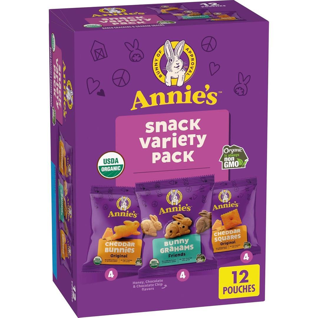 Annie's Organic Variety Pack, Cheddar Bunnies, Bunny Grahams and Cheddar Squares, 12 Pouches, 11 oz (EXP 04/19/26)