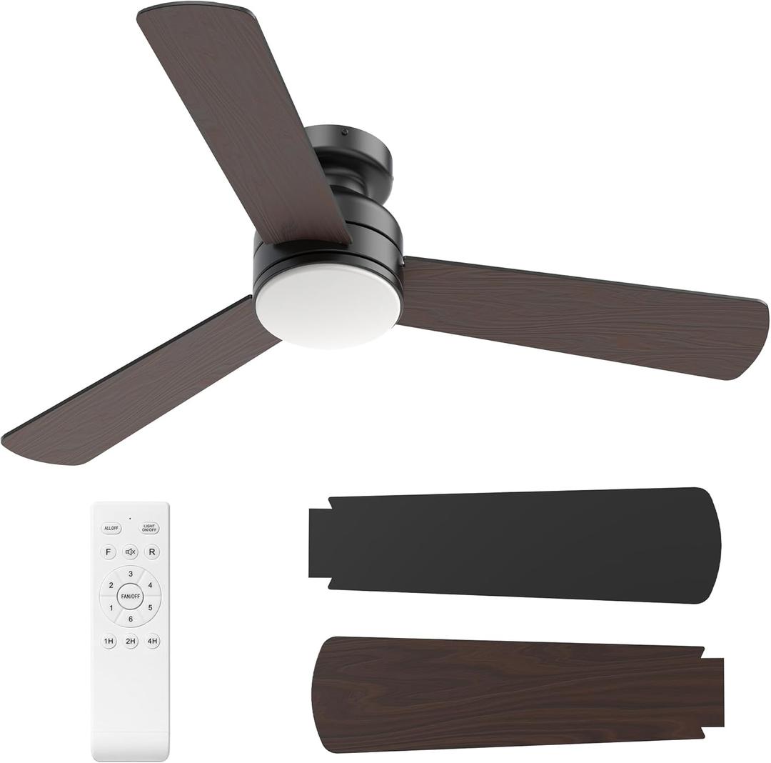 Ceiling Fans with Lights, 42" Modern Low Profile Ceiling Fan with Light and Remote Control, 3CCT, 6 Speeds Reversible DC Motor, Noiseless, Black LED Ceiling Fan for Bedroom, Living, Indoor/Outdoor Use