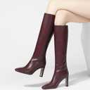 YIYA Cherry Red Boots for Fall Square Toe Chunky High Heels Dark Red Knee High Long Boots Pull On, 40
