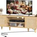 Keehusux Rattan TV Stand for 60 Inch TV, Entertainment Center with Charging Station & Solid Wood Legs, Adjustable Shelf & 2 Cabinet, Boho TV Console, Modern Media Console for Living Room, Natural Oak