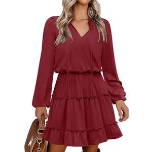 Caracilia Long Sleeve Dress for Women Fall 2025 Casual V Neck High Waist Tiered Ruffle Aline Swing Tunic Short Mini Dresses, Large
