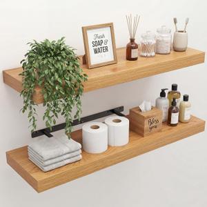 30" Width Floating Shelves, Wall Shelves for Bathroom/Living Room/Bedroom/Kitchen Decor, Oak Shelves with Invisible Brackets Set of 2