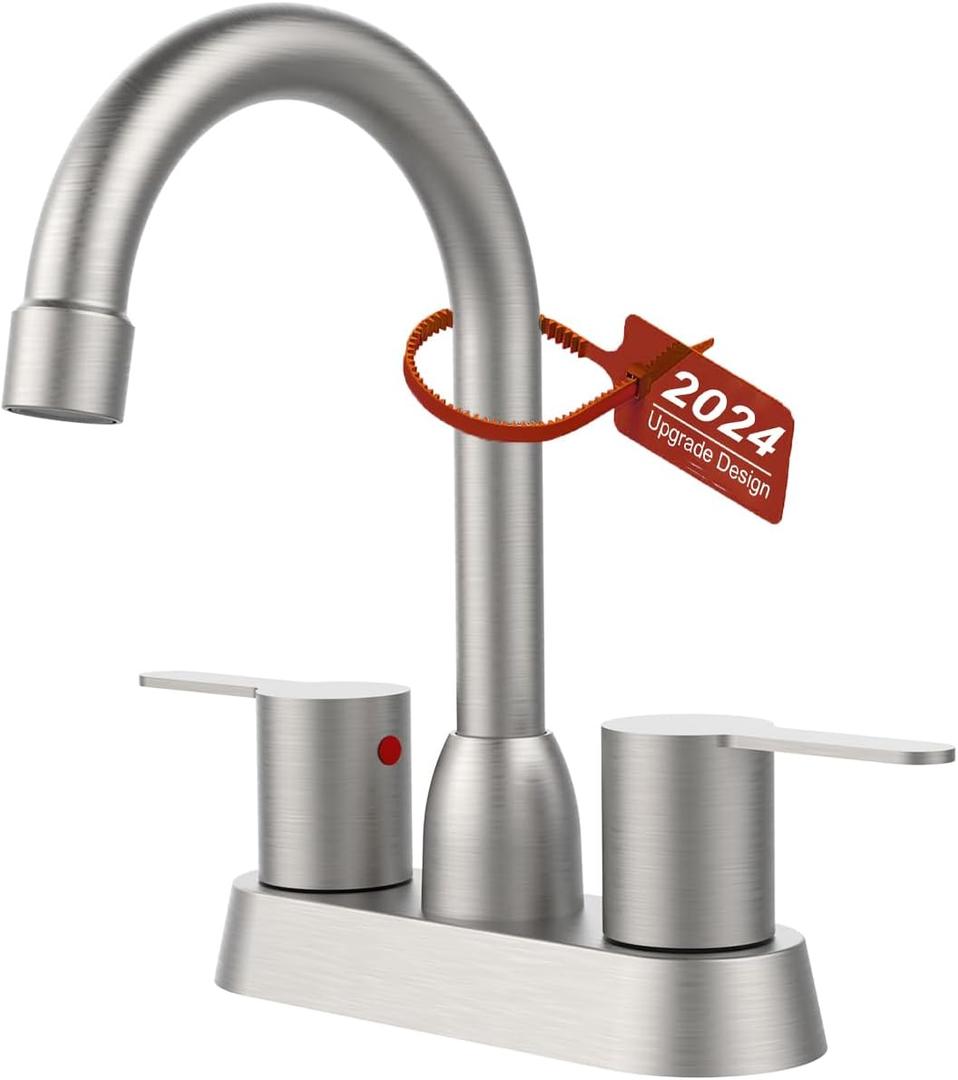 Brushed Nickel 2-Handle Bathroom Sink Faucet with 360 Degree High Arc Swivel Spout - Centerset 4 Inch Vanity Faucet for RV & Lavatory