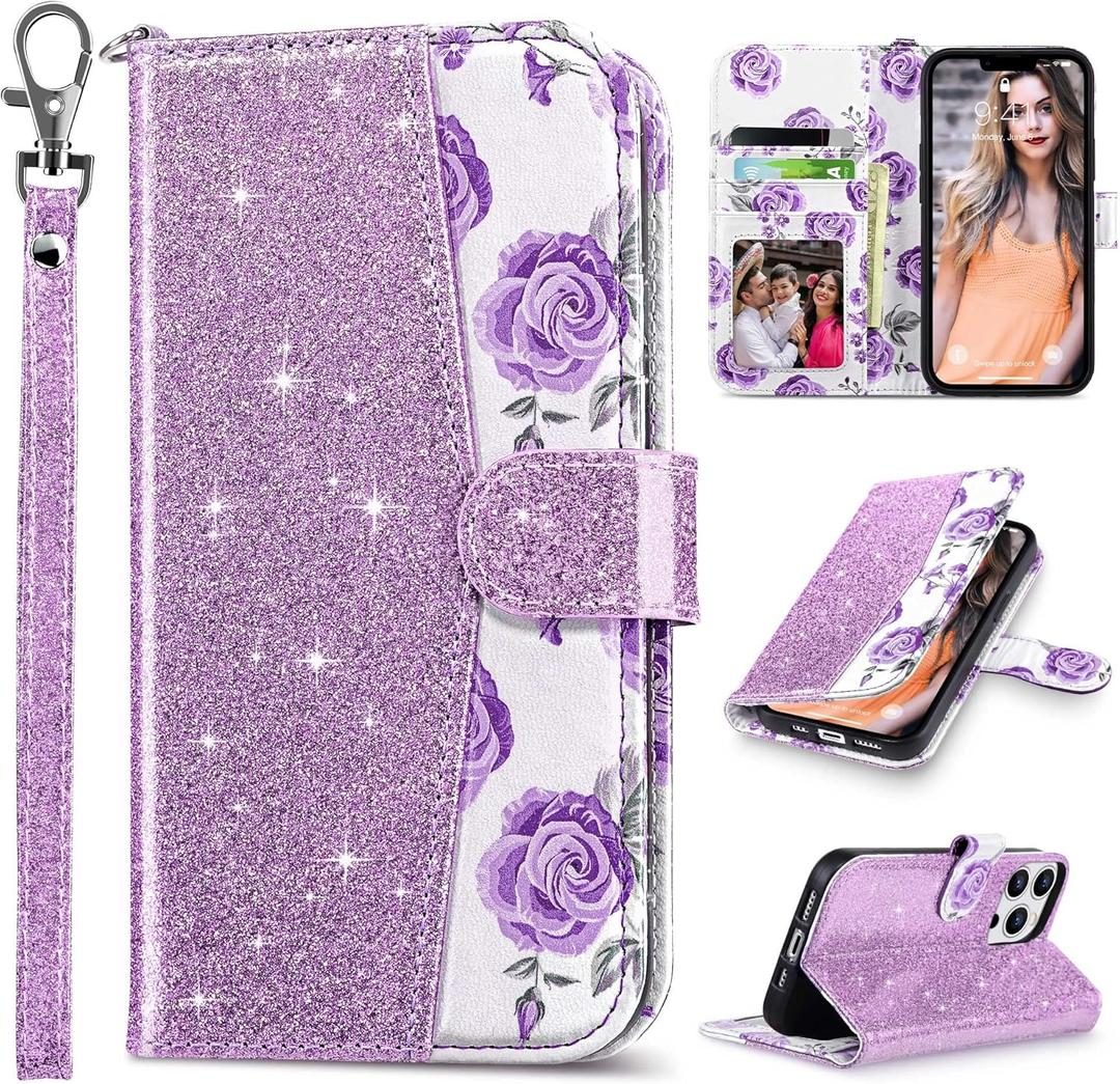ULAK Compatible with iPhone 13 Pro Max Wallet Case for Women with Credit Card Holders, Designed Flip PU Leather Kickstand Shockproof Protective Cover for iPhone 13 Pro Max 6.7 inch, Flower