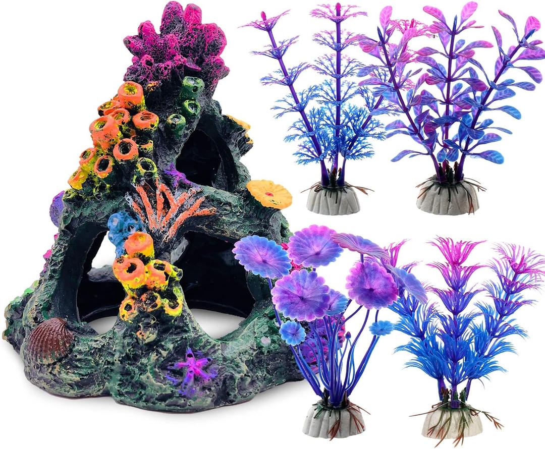 GSD Aquarium Colorful Coral Reef Set Fish Tank Decoration Mountain Ornament for Aquarium Environments Decor Accessories, Coral Mountain x 1, Aquatic Plant x 4, 5.2 inches x 5.2 inches x 6 inches