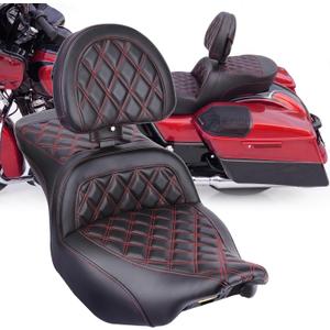 Rider Passenger Seat, Gel Seat with Adjustable Driver Backrest for Harley Touring Road Glide/Street Glide/CVO Road Glide/CVO Street Glide 2024-2026 (Red Rhombus)