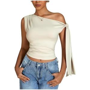 Milumia Women's Ruched One Off The Shoulder Tank Tops Asymmetrical Neck Tie Shoulder Going Out Top XL