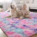 LOCHAS Luxury Fluffy Rainbow Area Rug for Girls Bedroom 4x6, Soft Fuzzy Kids Rugs for Bedroom Boys Playroom, Cute Colorful Tie Dye Princess Carpet for Nursery Living Room Home Decor, Pink/Purple