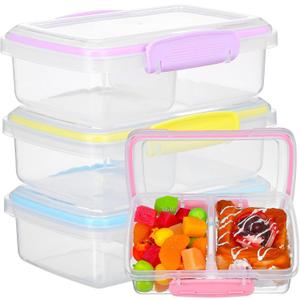 MAQUITA 4 Pack 6.7 x 3.7 x 2 inch Plastic Snack Container with Lids, 2 Compartment Food Container, Travel Lunch Containers with forks for Fruits/Candies, Divided Food Storage Container