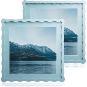 12x12 Wavy Picture Frame With Mat For 8x8, Wavy Edge Wooden Picture Frame with Real Glass - Wall Mount Display, Blue, 2 Pack
