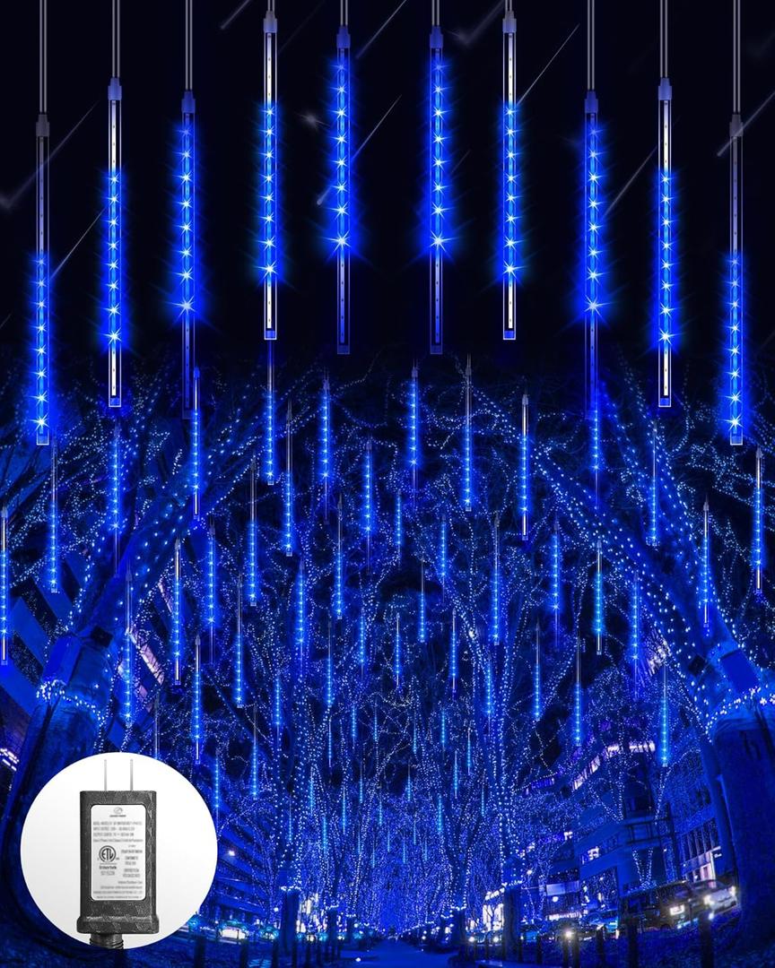 Blingstar Meteor Shower Lights Outdoor Christmas Lights, 16 Inch 10 Tubes 360 LEDs Falling Rain String Light with Timer, Waterproof Plug in Icicle Light for Tree Porch Roof Yard Xmas Decoration, Blue