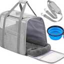 JUNGYOUN Premium Cat Carrier - Pet Carrier for Cat & Small Dogs up to 15lbs - Airline Approved Travel Dog Carrier with Anti-Escape Zippers, Collapsible Travel Bowl & Padded Strap (18.0"L x 12.0"W x 14.0"H, Grey)