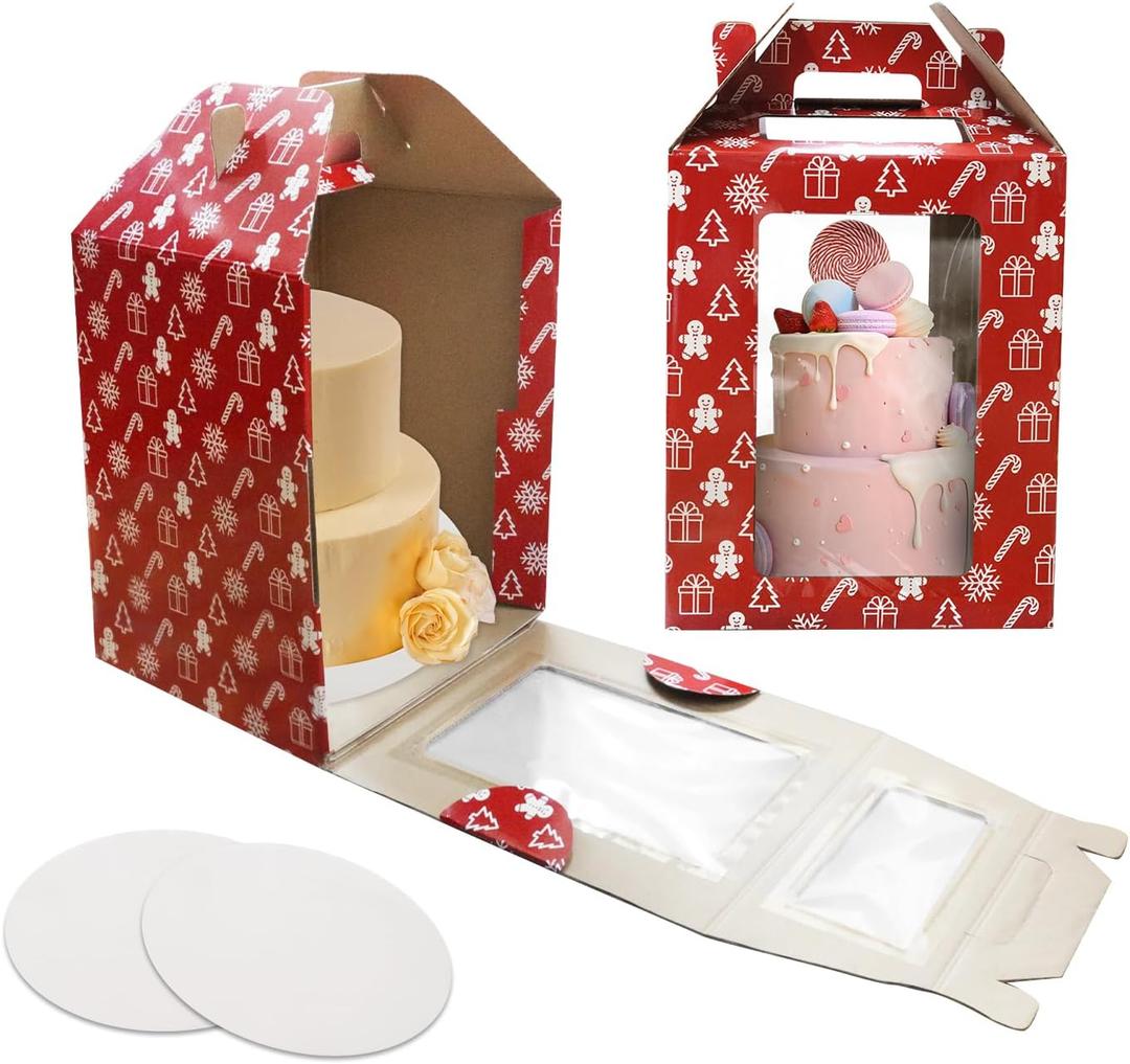 Tall Cake Box with Windows 10x10x12 Inch, 2 Pack Christmas Tiered Cake Boxes with Cake Boards,Tiered Cake Carrier Container with Handle for Wedding,Birthday,Party,Bakery Supplies (Red)