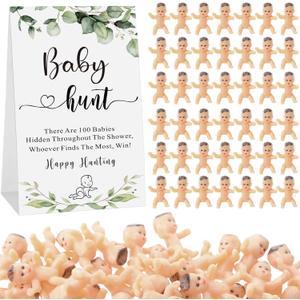 Gemscream 101 Pcs Baby Shower Game Set Include 1 Paperboard Hunt Sign 100 Mini Plastic Babies Tabletop Sign Tiny Babies Funny Baby Shower Prizes for Gender Reveal Party Favors (Green)