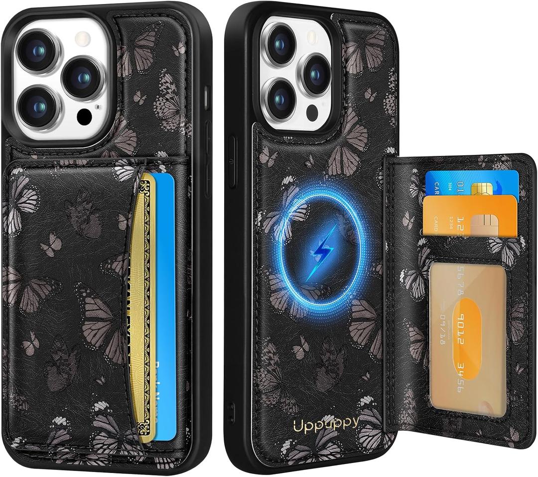 Uppuppy for iPhone 12 Pro Max Case with Wallet - Fits 4 Card Slots, Compatible with MagSafe for Women Aesthetic PU Leather Credit Card Holder Kickstand Phone Cover for Apple 12 Promax, Black Butterfly