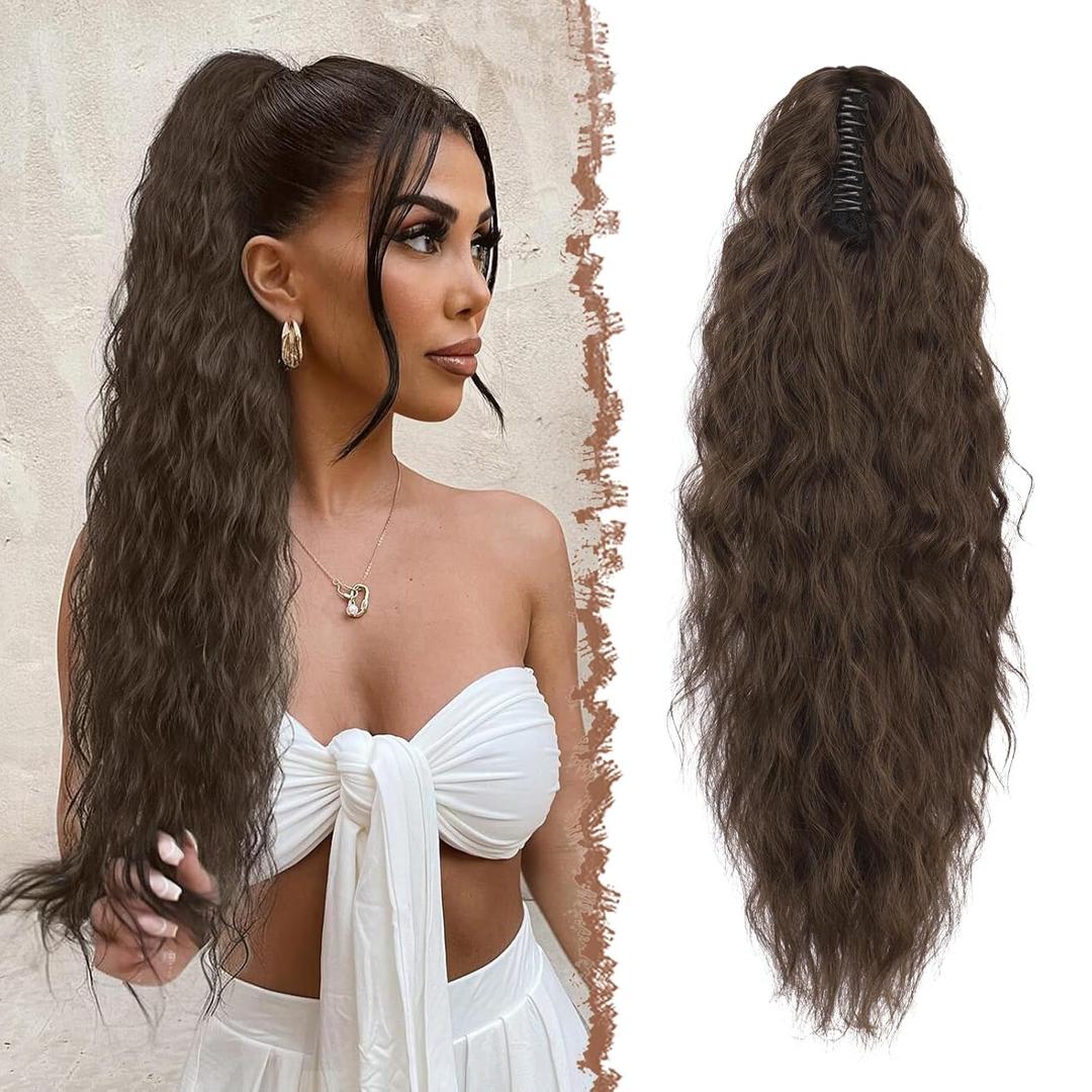 FESHFEN Claw Clip Ponytail Extensions - Long Pony Tail Hair Piece Wavy Curly Synthetic Hairpieces for Women, Mixed Brown 26 inch