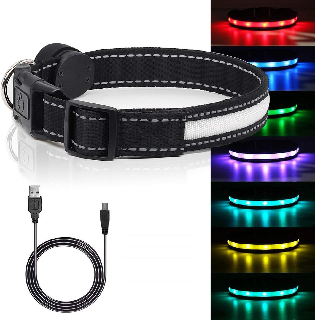 Light Up Dog Collar, Safety LED Dog Collars Rechargeable 7 Colors in One Lighted Dog Collar Glow in The Dark Dog Walking Light, Neon Durable Nylon Adjustable Buckle (XS (10.4-14" / 26.4-35.6 cm))