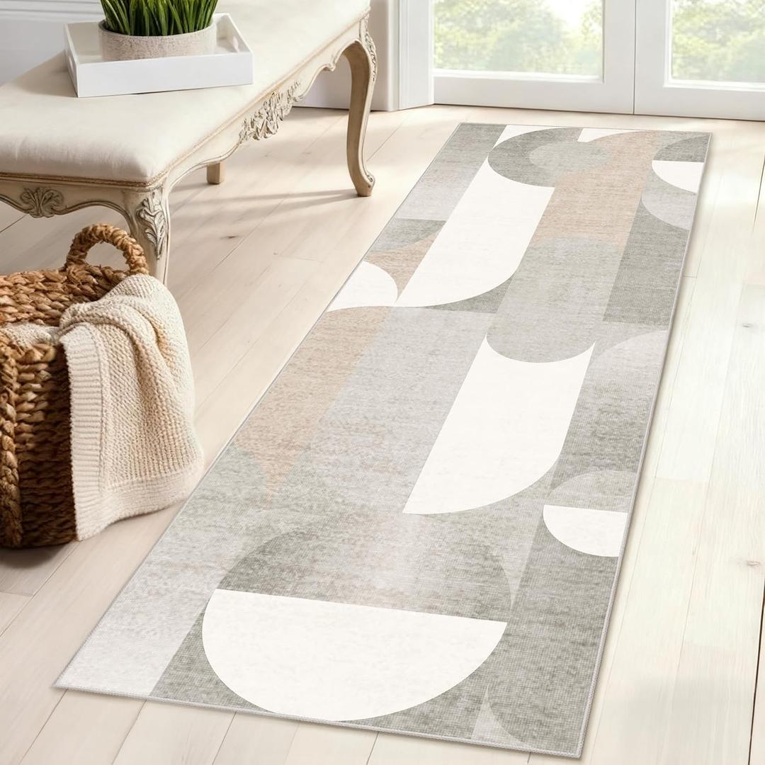 Grey Runner Rug 2x6 Washable Rug Runners for Hallway Kitchen, Long Modern Geometric Rugs for Bedroom Entryway Bathroom, Non Slip Floor Beige Carpet