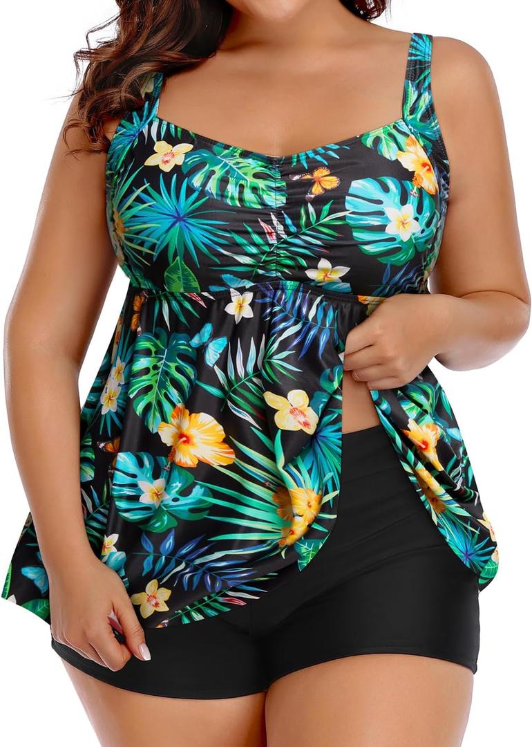 Aqua Eve Women Plus Size Tankini Swimsuits with Shorts Bathing Suits Two Piece Swimwear Floral 20W
