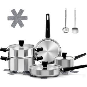 Meythway  Stainless Steel Cookware Set Non Toxic, 14PCs Stainless Steel Pots and Pans Set with Stay-Cool Handles, Kitchen Induction Cookware with Steamer, Utensil Sets and Pot Protectors