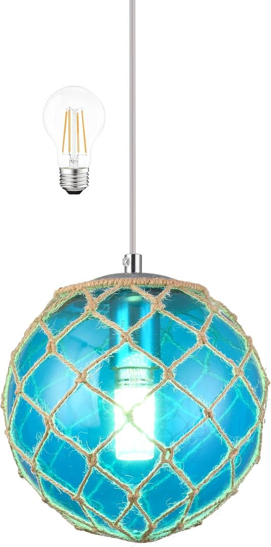 Blue Pendant Light Coastal Pendant Light Nautical Pendant Lighting Beach House Lighting Fixtures Ocean Lighting Fixture Coastal Hanging Light Fixtures Fish Float Glass Ball Lighting(Bulb Incl. (8"-Globe))