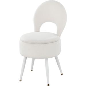 Vanity Stool with Storage and Backrest, Folding Back & Velvet Seat, Footrest, Round Ottoman with Sherpa, Vanity Chair with Storage, Ideal for Bedroom, Living Room, and Makeup Stations