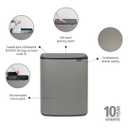 Brabantia Bo Touch Top Kitchen Trash Can with Dual Compartments | Mineral Gray | 2 x 8 Gal Inner Buckets | Soft-Close Garbage Can, Light Touch Opening, Stay-Open Lid | Fits Against Wall | + Trash Bags