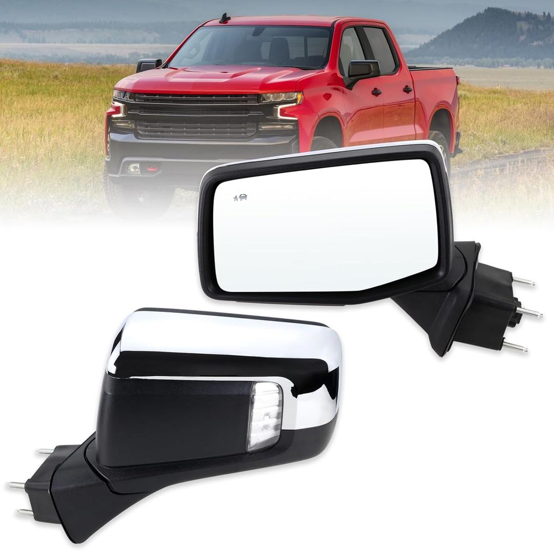 Left Driver Side Mirror Compatible With 2019-2025 Chevy Silverado 1500 With Power Glass Power Folding Heated Turn Signal Puddle Lights Mirror Memory Blind Spot Chrome Replace#84898867(14Pins)