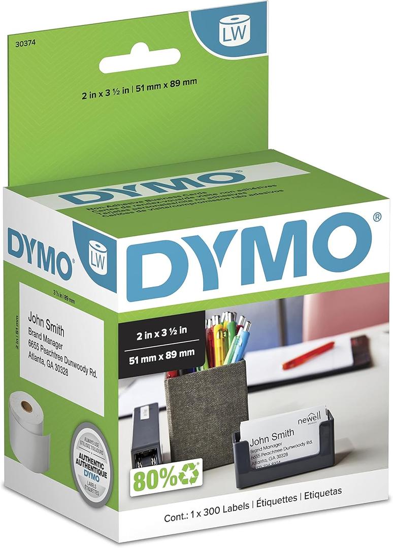 DYMO Authentic LW Non-Adhesive Business Card Labels for LabelWriter Label Printers, White, 2" x 3-1/2", 1 Roll of 300