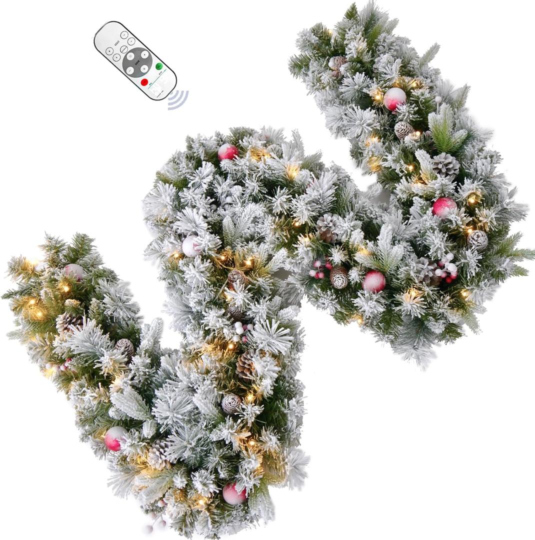 9FT Flocked Prelit Garland with Dual Color LED Lights and Timer by Remote Control and Batteries Operated, Home Mantle Stairs Railing Fireplace Outdoor Indoor Wall