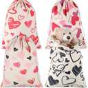Newwiee 4 Pcs Valentine's Day Heart Gift Bags with Drawstring Large Canvas Bag 15 x 20 Inch Heart Print Present for Valentine's Day, Weddings