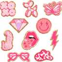 10Pcs Pink Preppy Iron on Patches for Girls Y2K Chenille Embroidered Repair Patch Hanging Lip Lightning Bolt Leopard Face DIY Accessories Sew on Applique for Backpack Clothes Hats Dress Jackets Jeans