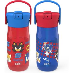 Zak Designs Harmony Sonic the Hedgehog Water Bottle for Travel or At Home, 18oz Plastic is Leak-Proof When Closed with Straw Lid and Carry Handle, 2-Pack (Sonic, Tails, Shadow)